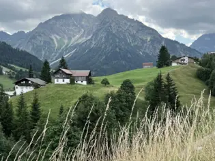 Haus auf einem Hügel umgeben von Bäumen und Bergen.