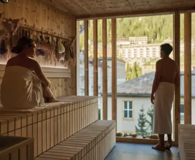 Zwei Personen entspannen in einer stilvollen Sauna mit Blick auf die historischen Gebäude und die grüne Bergkulisse von Bad Gastein, umgeben von natürlichen Materialien und aromatischen Kräutern.