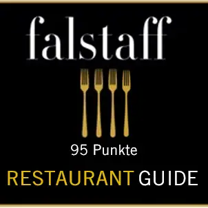 Restaurantführerkarte mit schwarzem Hintergrund und weißem Text: falstaff 95 Punkte Restaurant Guide
