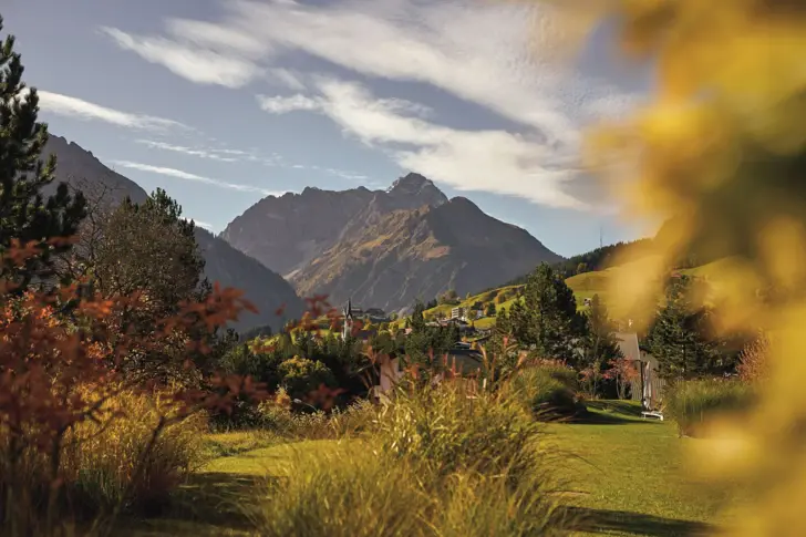 Herbstliche Landschaft mit Berg im Hintergrund, umgeben von Gras und vereinzelten Bäumen.