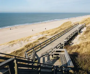 Holzsteg führt durch eine Küstenlandschaft mit Dünen zum Strand.