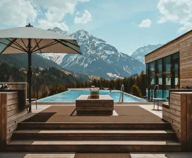 Swimmingpool mit Liegedeck und Sonnenschirmen vor einer Bergkulisse.