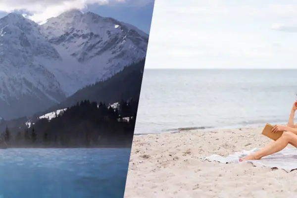 Collage eines Strandes und eines Berges im Freien mit Himmel und Wolken.
